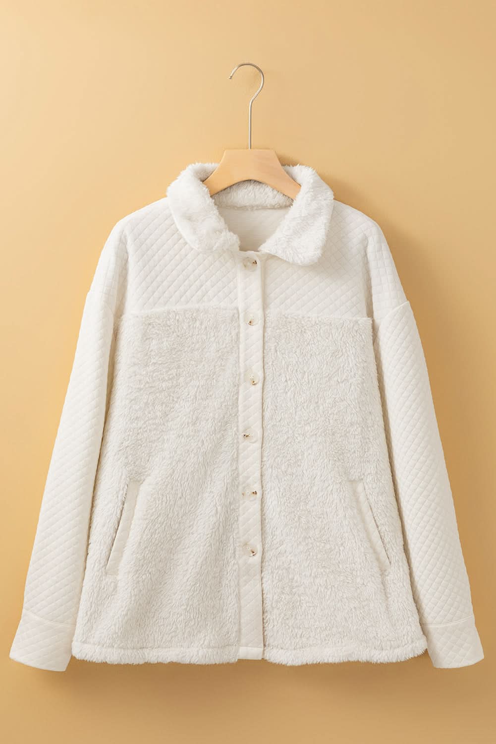 White Solid Color Quilted Sherpa Patchwork Button Up Shacket 