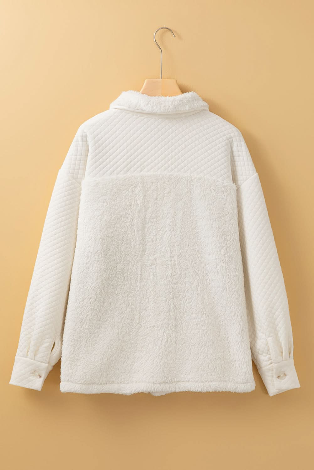 White Solid Color Quilted Sherpa Patchwork Button Up Shacket 
