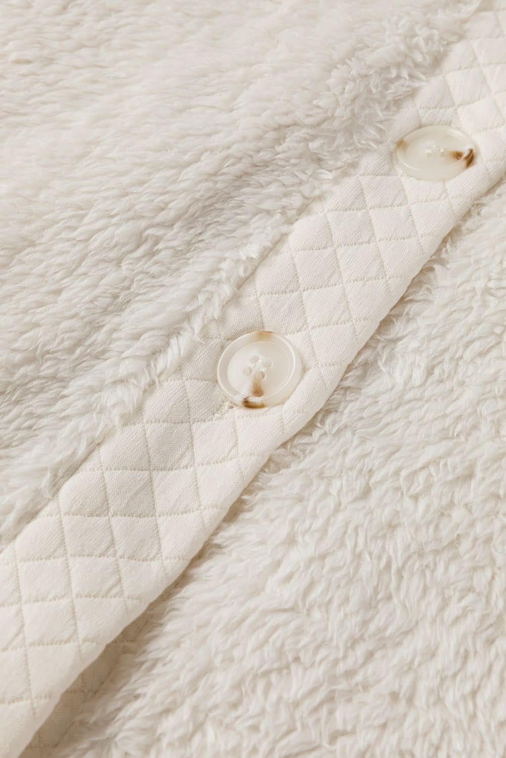 White Solid Color Quilted Sherpa Patchwork Button Up Shacket 