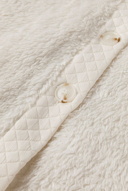 White Solid Color Quilted Sherpa Patchwork Button Up Shacket 