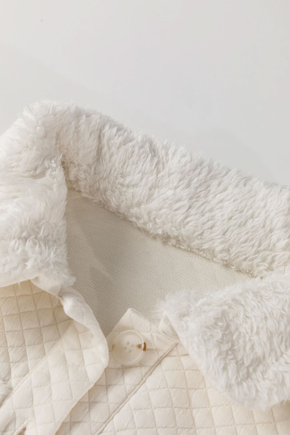 White Solid Color Quilted Sherpa Patchwork Button Up Shacket 
