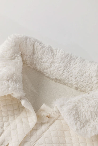 White Solid Color Quilted Sherpa Patchwork Button Up Shacket 
