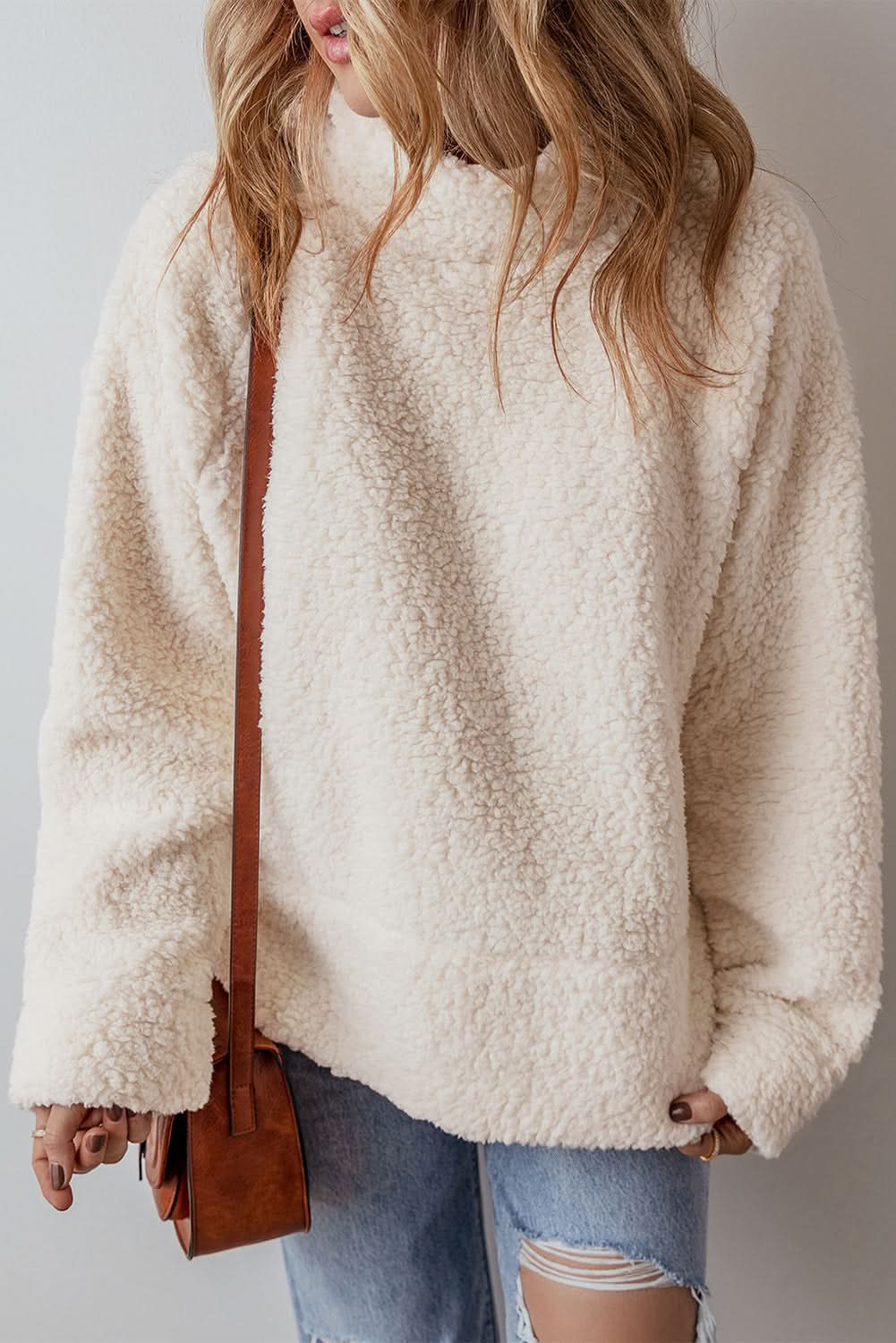 White Solid Fleece High Neck Drop Shoulder Pullover Sweatshirt - Love Salve 