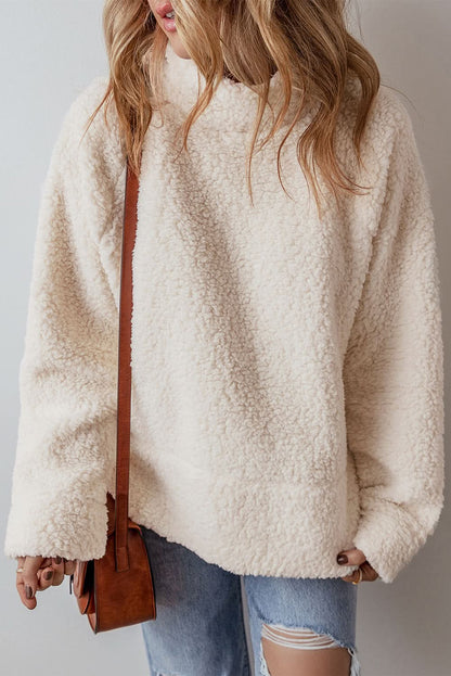 White Solid Fleece High Neck Drop Shoulder Pullover Sweatshirt - Love Salve 
