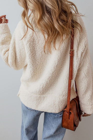White Solid Fleece High Neck Drop Shoulder Pullover Sweatshirt - Love Salve 