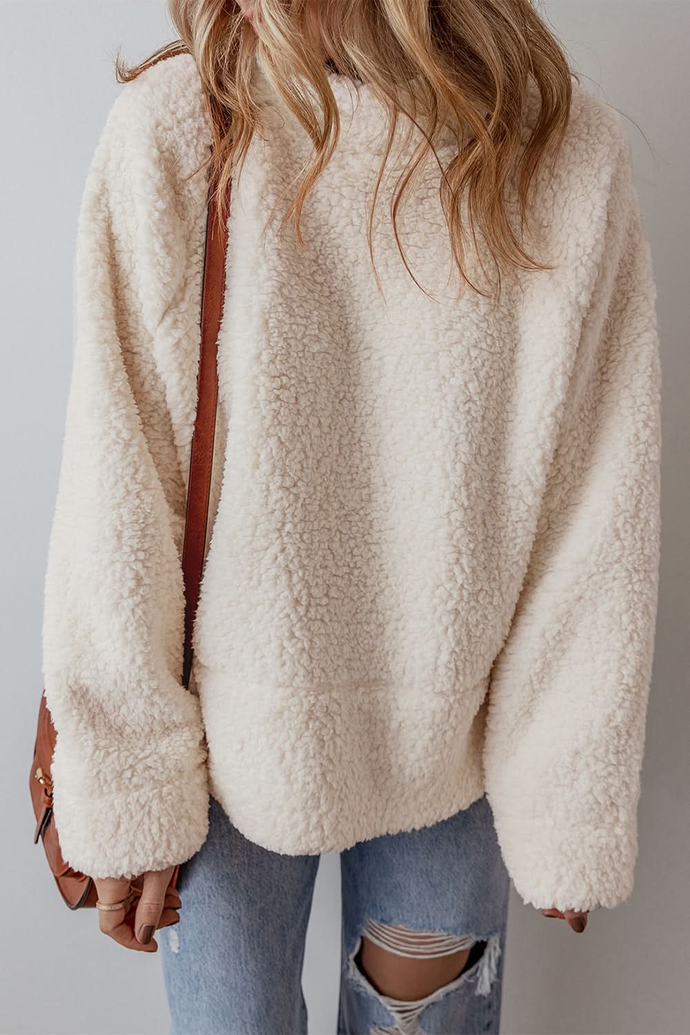 White Solid Fleece High Neck Drop Shoulder Pullover Sweatshirt - Love Salve 