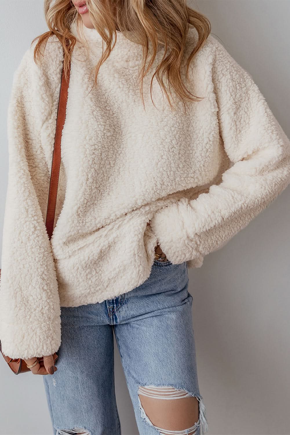 White Solid Fleece High Neck Drop Shoulder Pullover Sweatshirt - Love Salve 