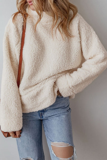 White Solid Fleece High Neck Drop Shoulder Pullover Sweatshirt - Love Salve 