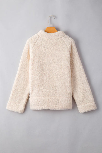White Solid Fleece High Neck Drop Shoulder Pullover Sweatshirt - Love Salve 
