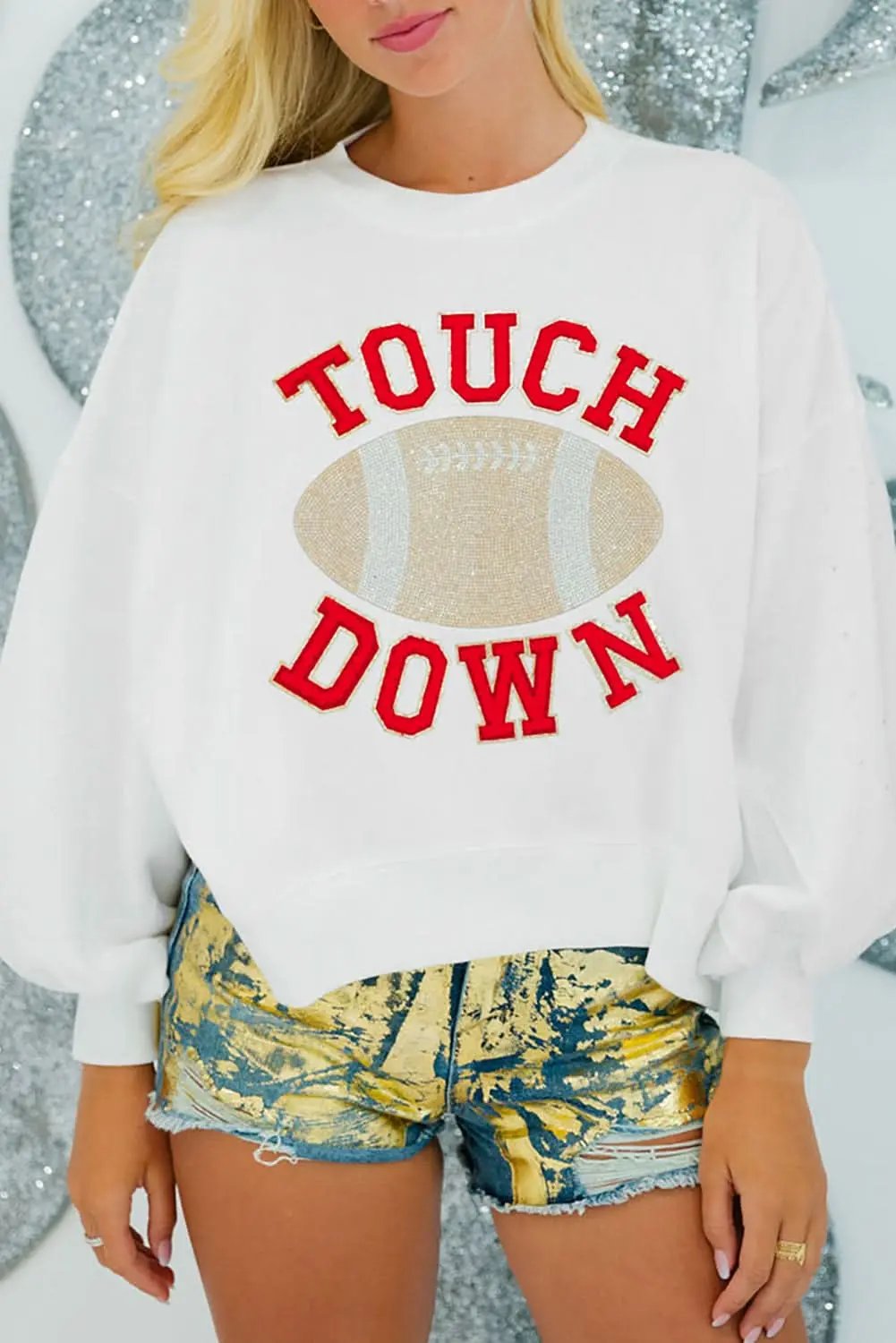 White TOUCH DOWN Football Graphic Pullover Sweatshirt - Love Salve 