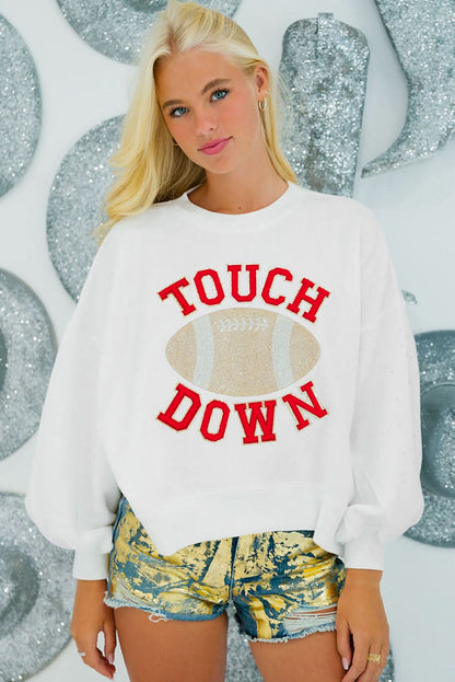 White TOUCH DOWN Football Graphic Pullover Sweatshirt - Love Salve 