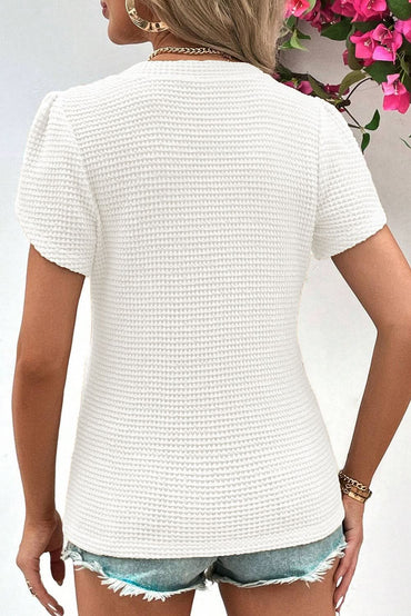 White V Neck Petal Sleeve Waffle Knit T-Shirt - Love Salve 