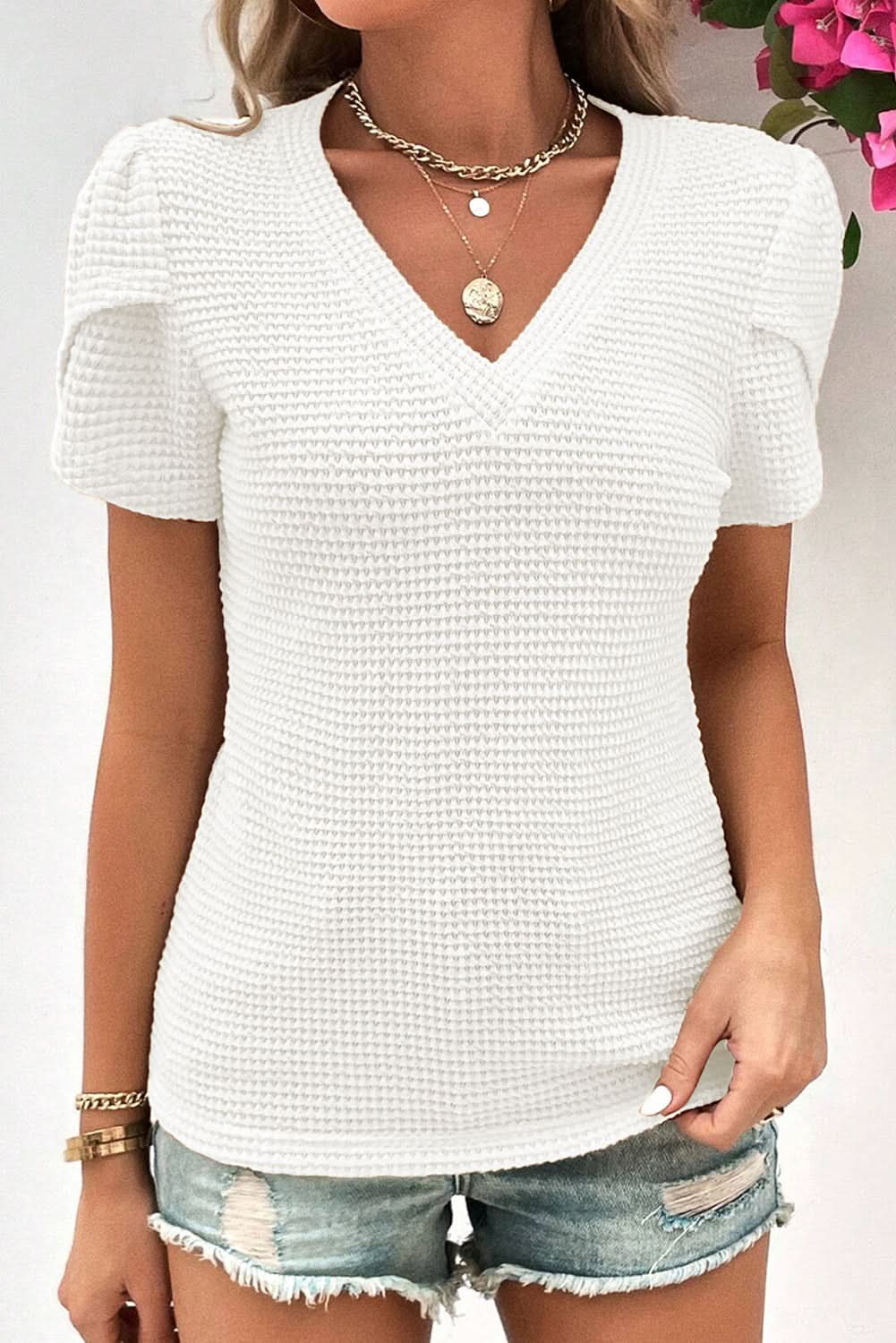 White V Neck Petal Sleeve Waffle Knit T-Shirt - Love Salve 