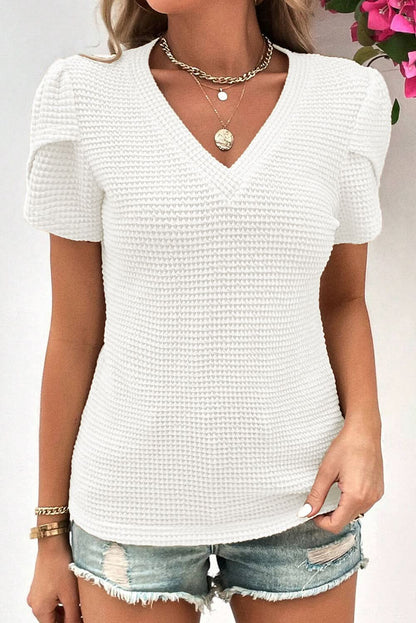 White V Neck Petal Sleeve Waffle Knit T-Shirt - Love Salve 