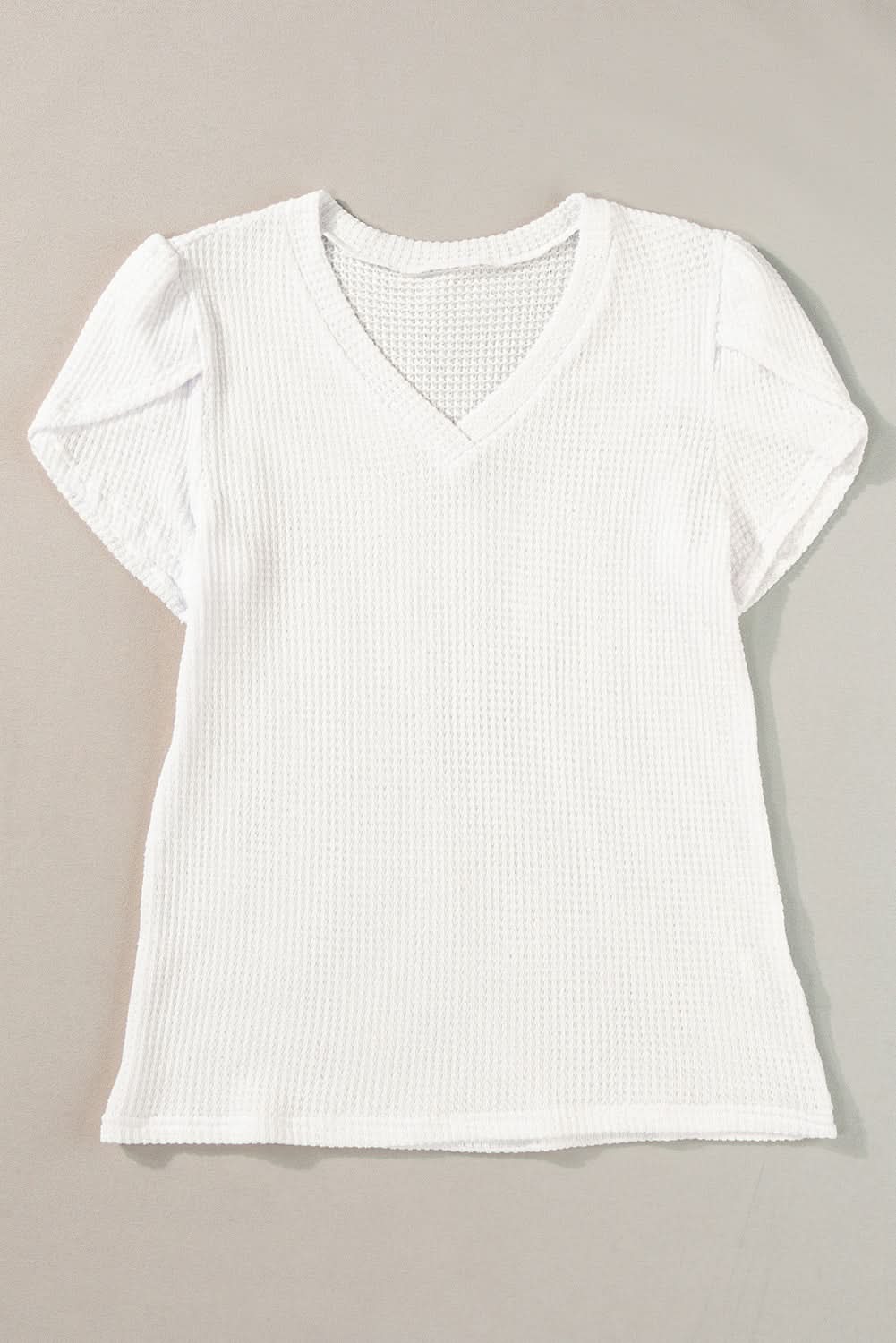 White V Neck Petal Sleeve Waffle Knit T-Shirt - Love Salve 