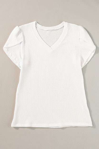 White V Neck Petal Sleeve Waffle Knit T-Shirt - Love Salve 