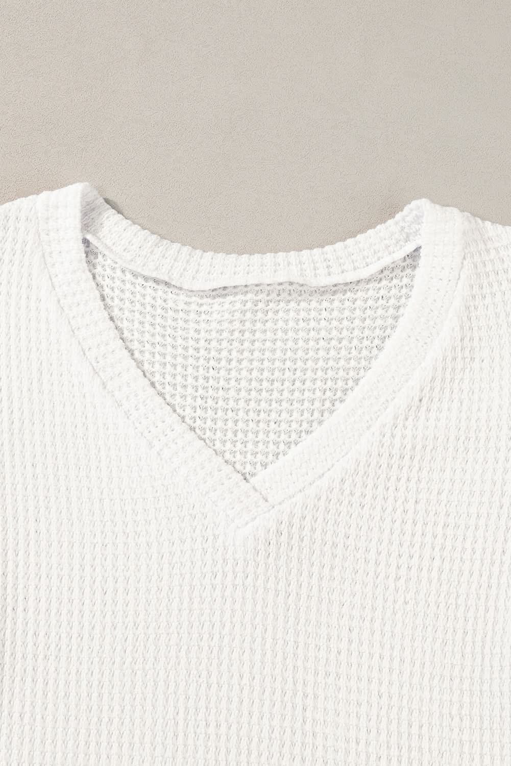 White V Neck Petal Sleeve Waffle Knit T-Shirt - Love Salve 