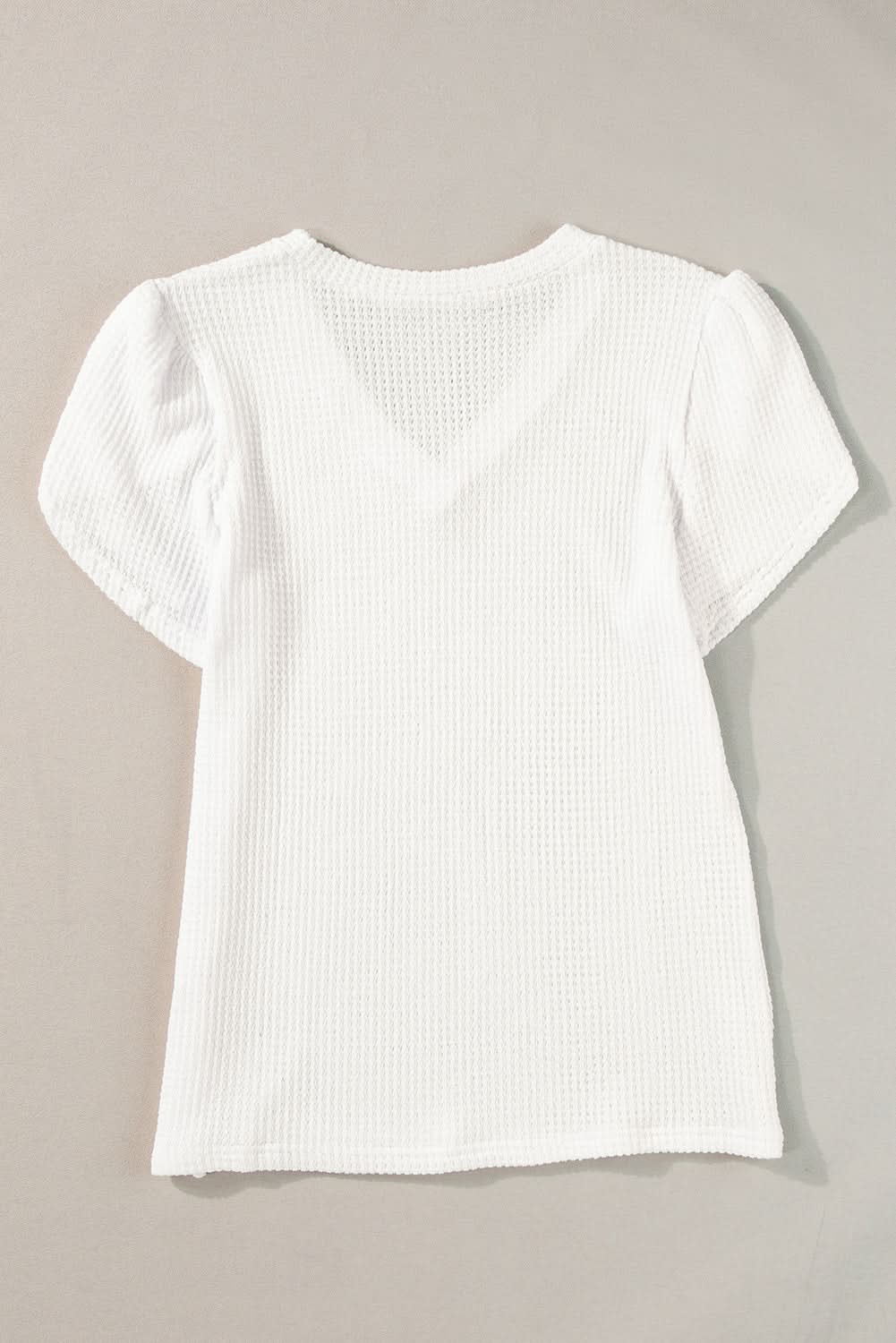 White V Neck Petal Sleeve Waffle Knit T-Shirt - Love Salve 