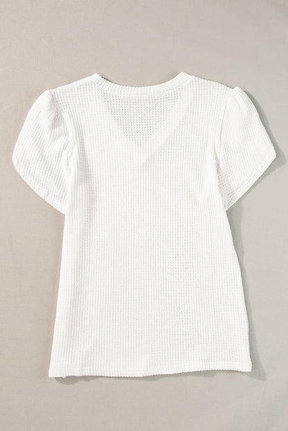 White V Neck Petal Sleeve Waffle Knit T-Shirt - Love Salve 
