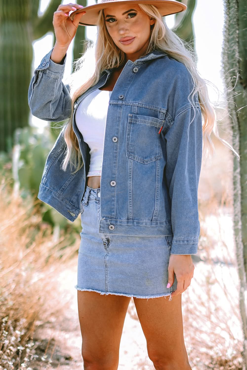 Wild Wind Washed Oversize Pocketed Denim Jacket - Love Salve 