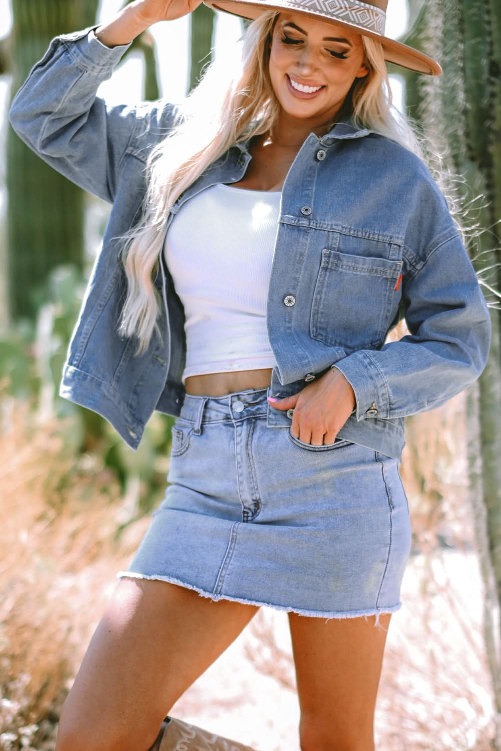 Wild Wind Washed Oversize Pocketed Denim Jacket - Love Salve 