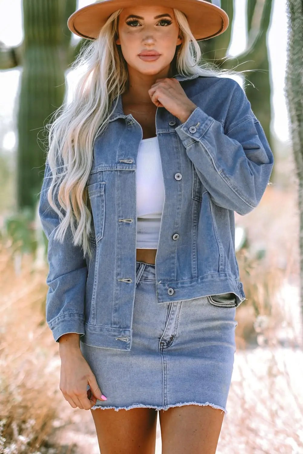 Wild Wind Washed Oversize Pocketed Denim Jacket - Love Salve 