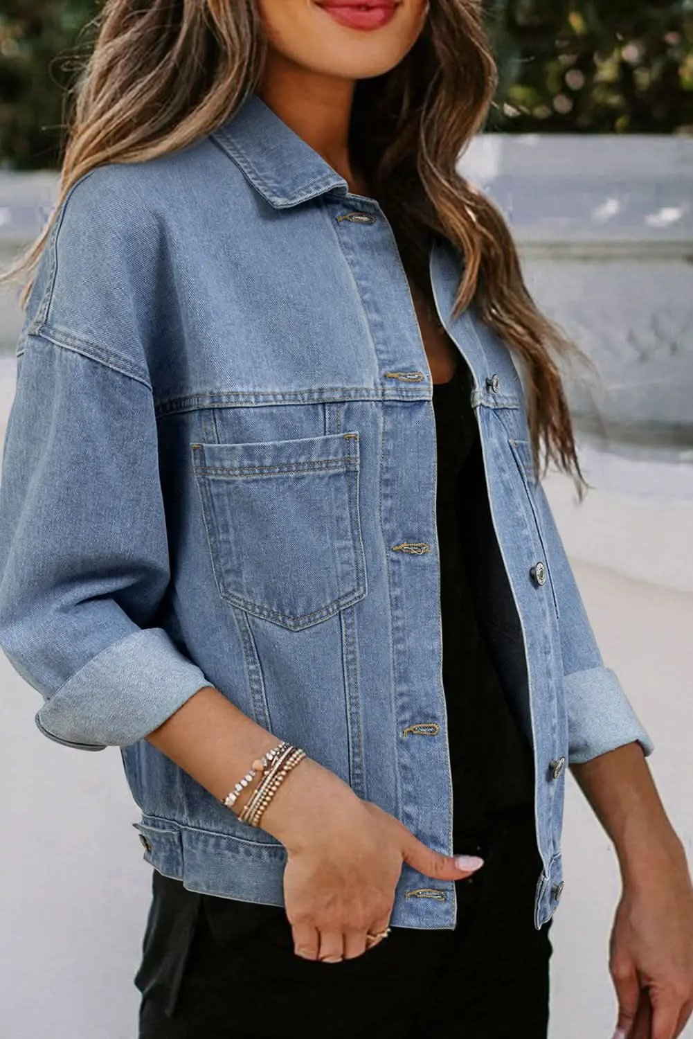 Wild Wind Washed Oversize Pocketed Denim Jacket - Love Salve 