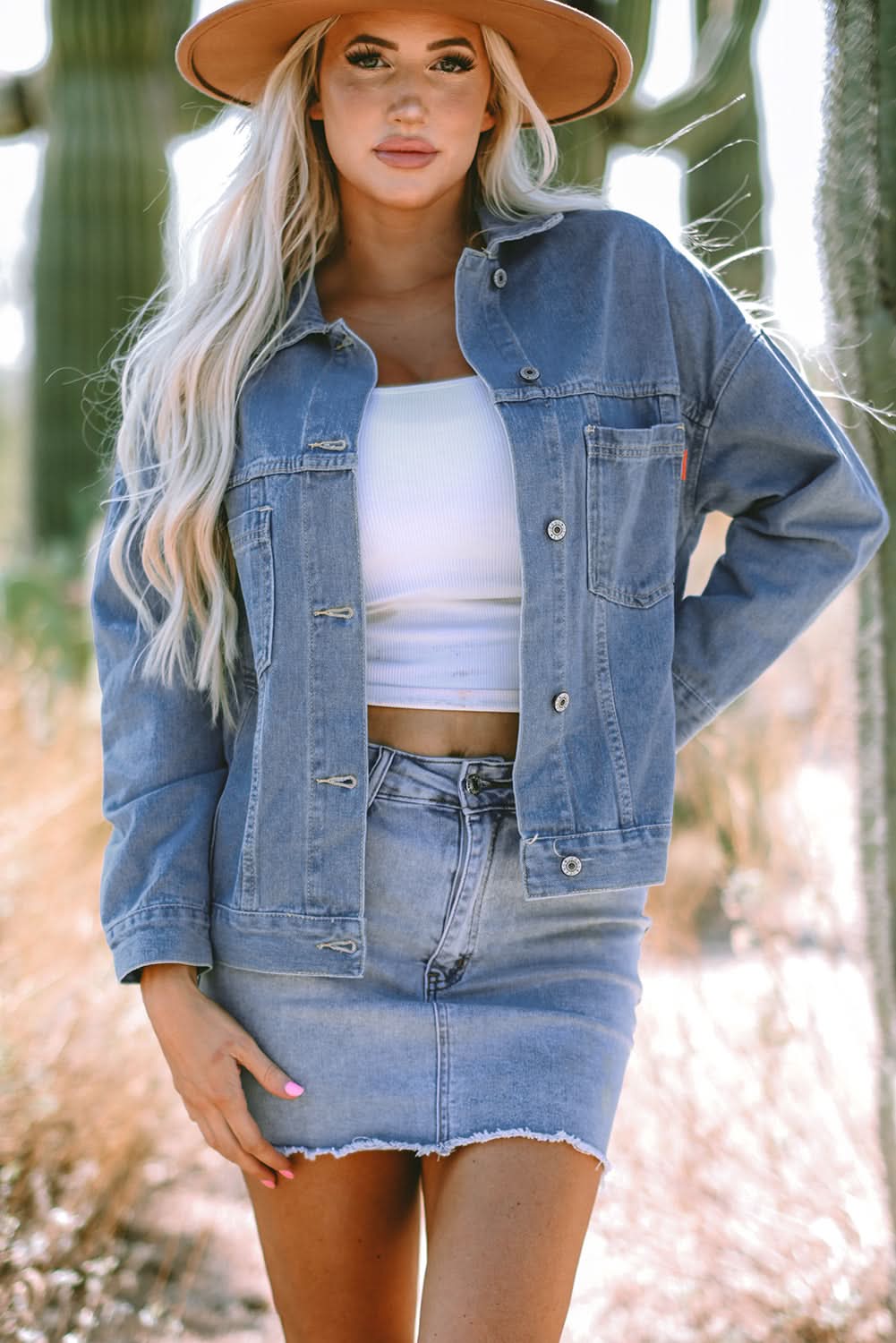 Wild Wind Washed Oversize Pocketed Denim Jacket - Love Salve 
