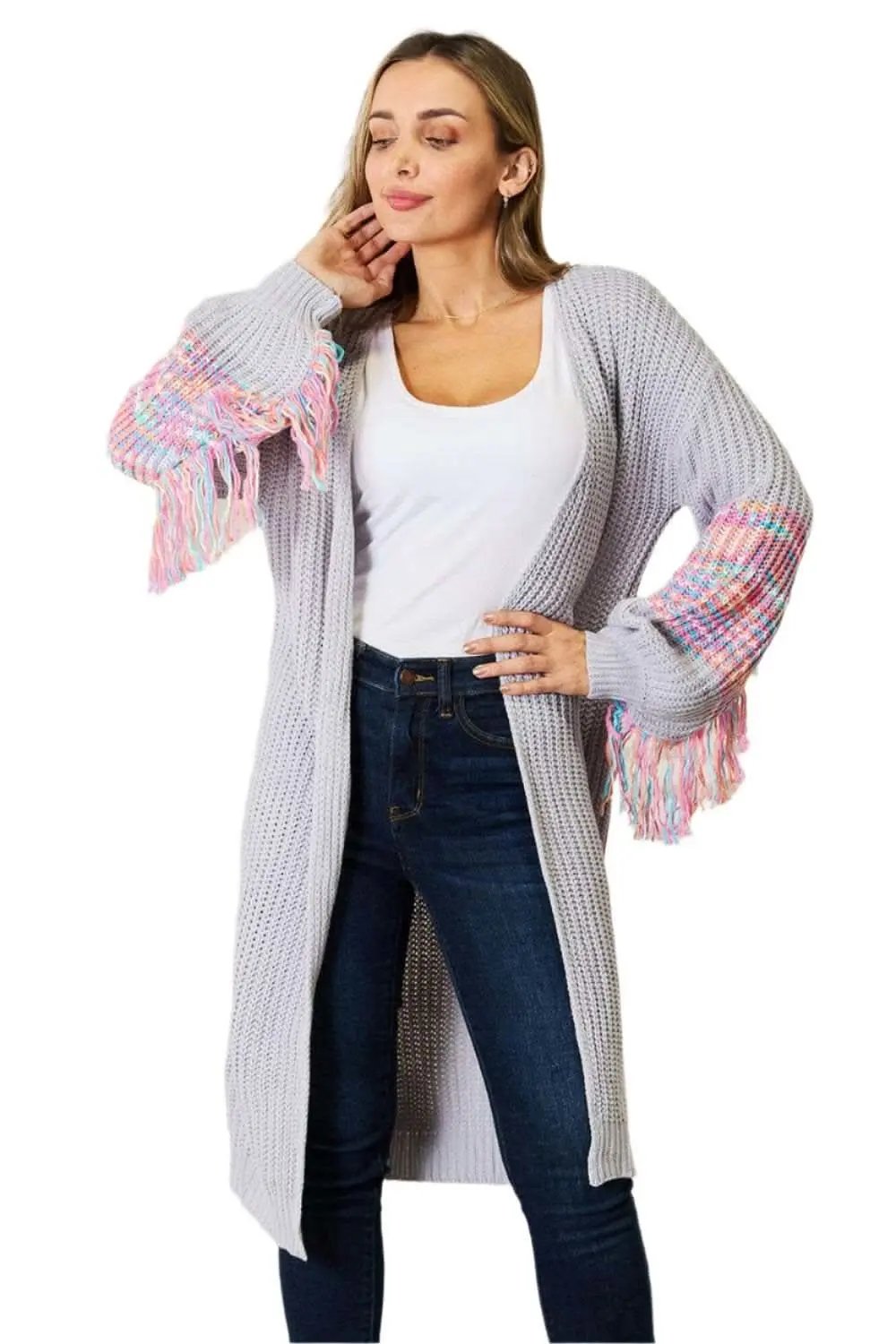 Woven Right fringe sleeve cardigan - Love Salve 