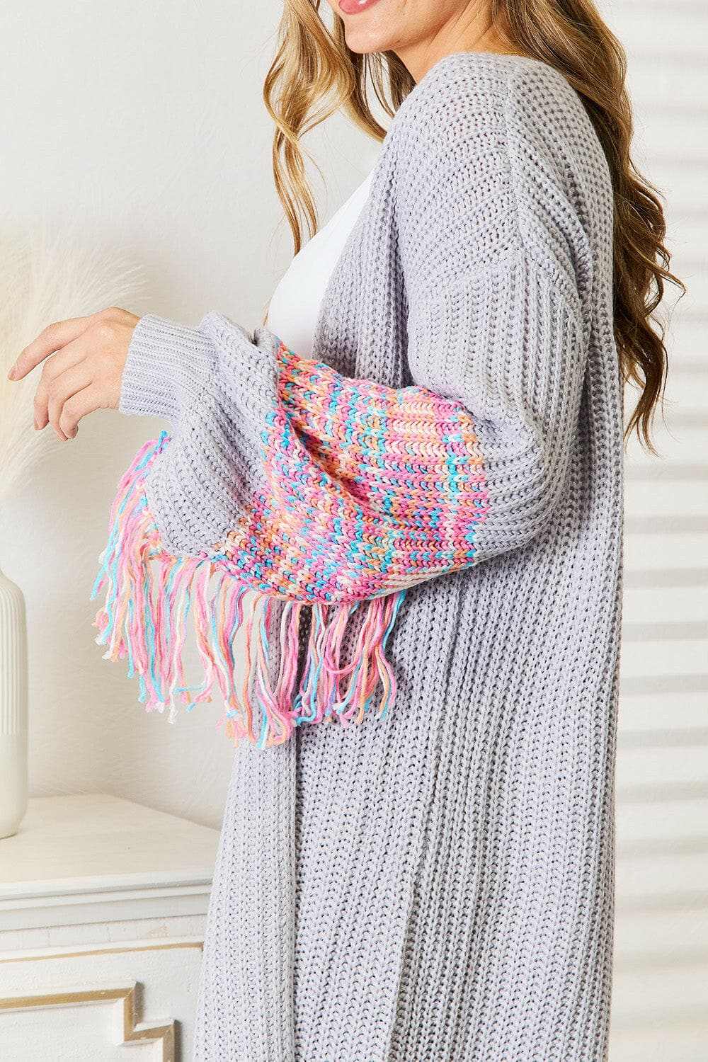 Woven Right fringe sleeve cardigan - Love Salve 