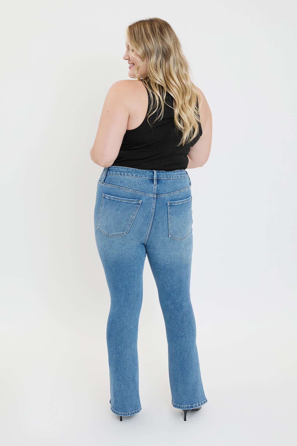 YMI JEANS Women's Plus Curve Seam Flare Jeans - Lifestyle Image