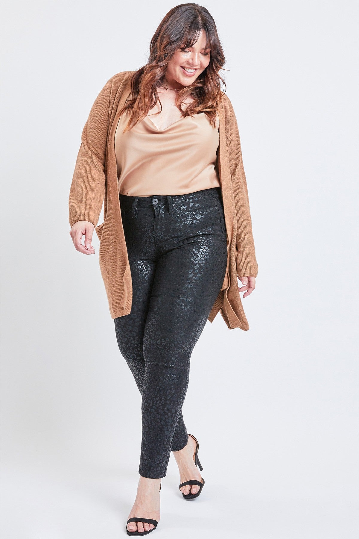 YMI JEANS Women's Plus Size Hyperstretch Skinny Pants, Coated Cheetah - Close Up