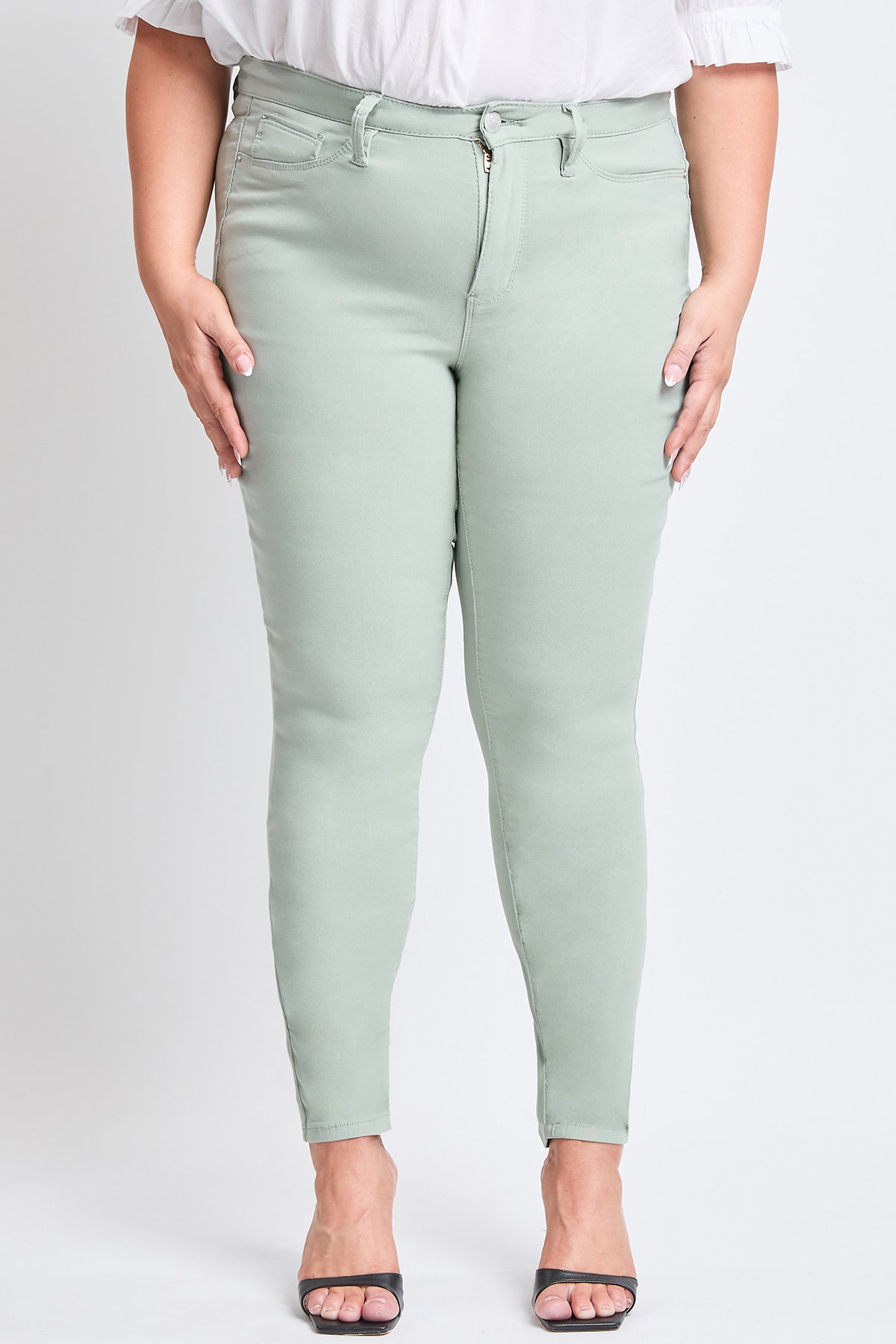 YMI JEANS Women's Plus Size Hyperstretch Tummy Control Skinny Pants, Aloe - Detail View