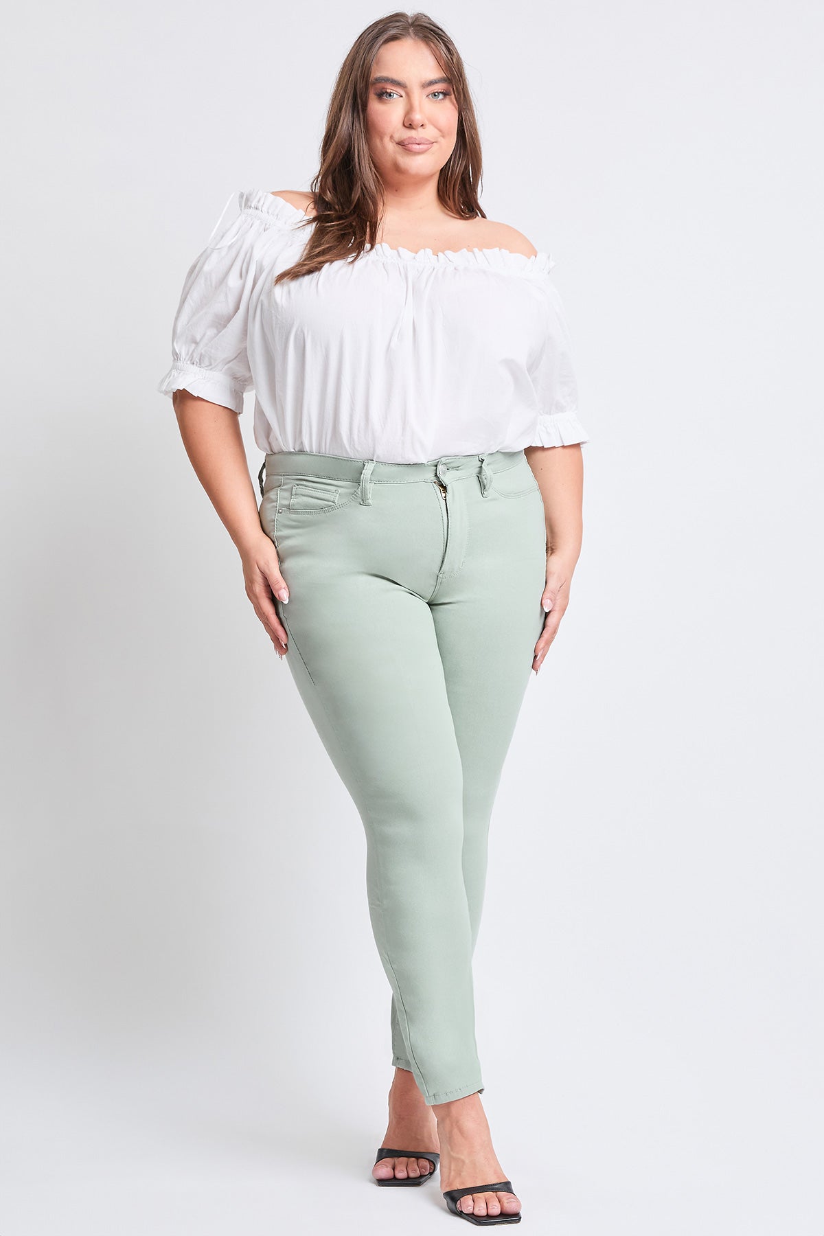 YMI JEANS Women's Plus Size Hyperstretch Tummy Control Skinny Pants, Aloe - Side View