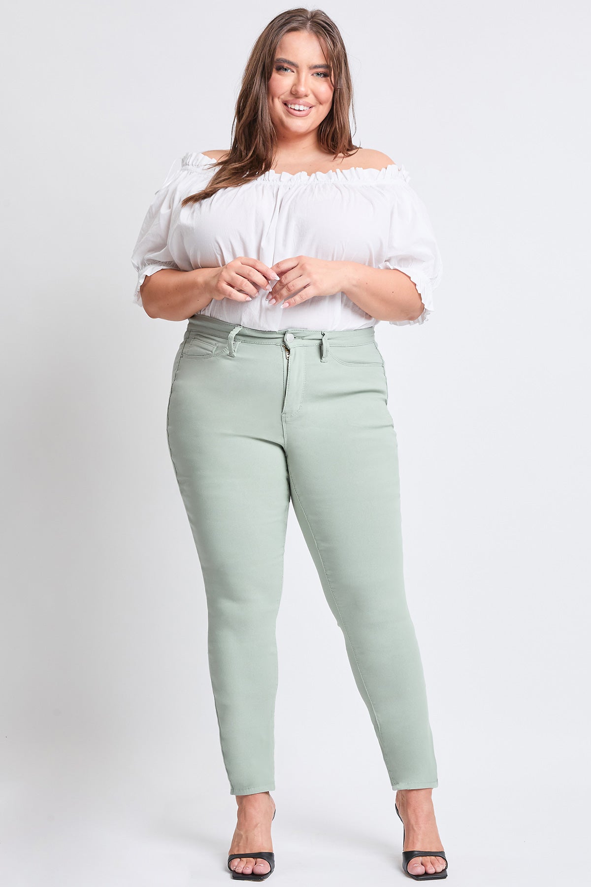 YMI JEANS Women's Plus Size Hyperstretch Tummy Control Skinny Pants, Aloe - Back View