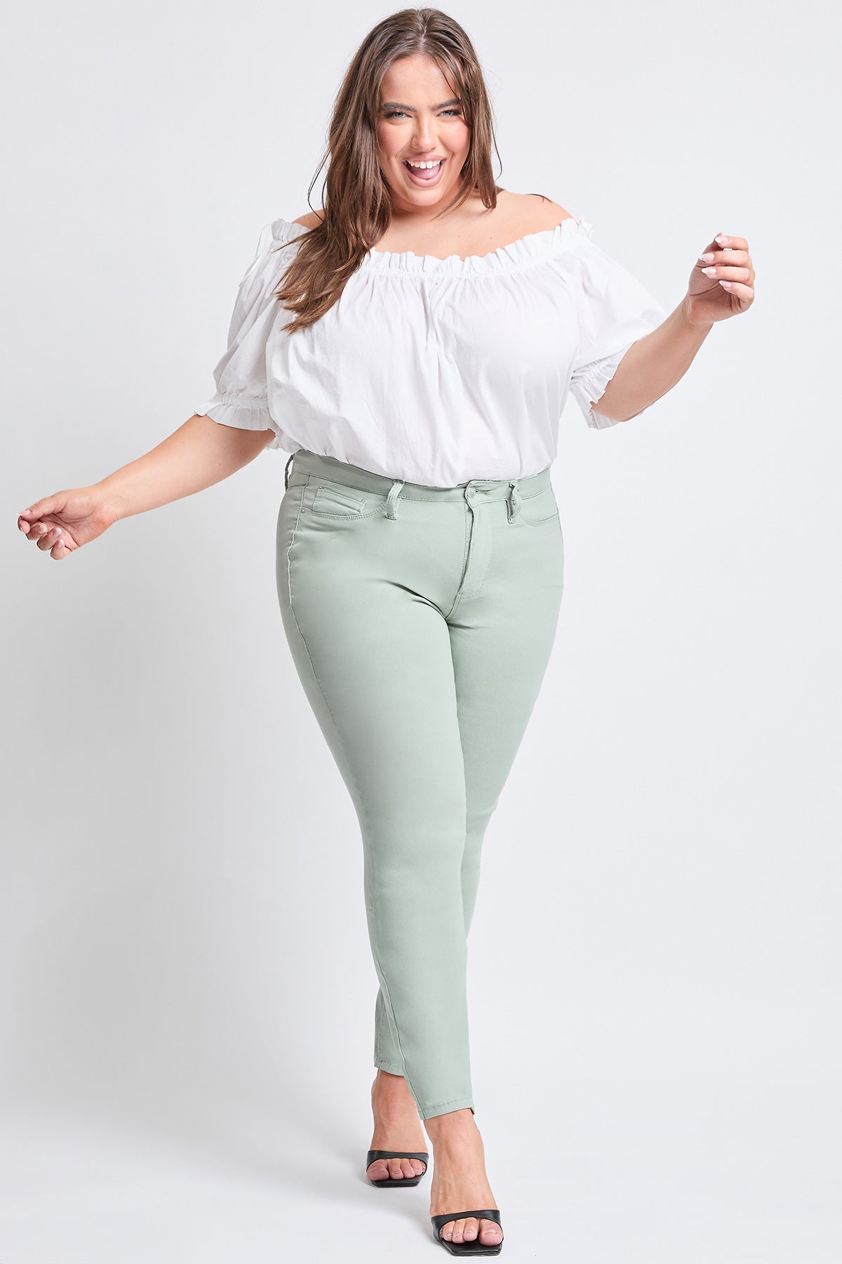 YMI JEANS Women's Plus Size Hyperstretch Tummy Control Skinny Pants, Aloe - Main Product Image