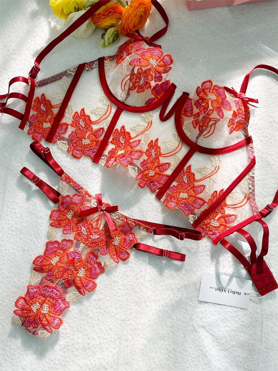 Red Floral Embroidery Bustier Straps Lingerie Set for Women