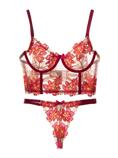 Red Floral Embroidery Bustier Straps Lingerie Set for Women