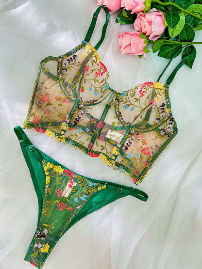 Green Floral Sexy Sheer Embroidered Lingerie Set for Women