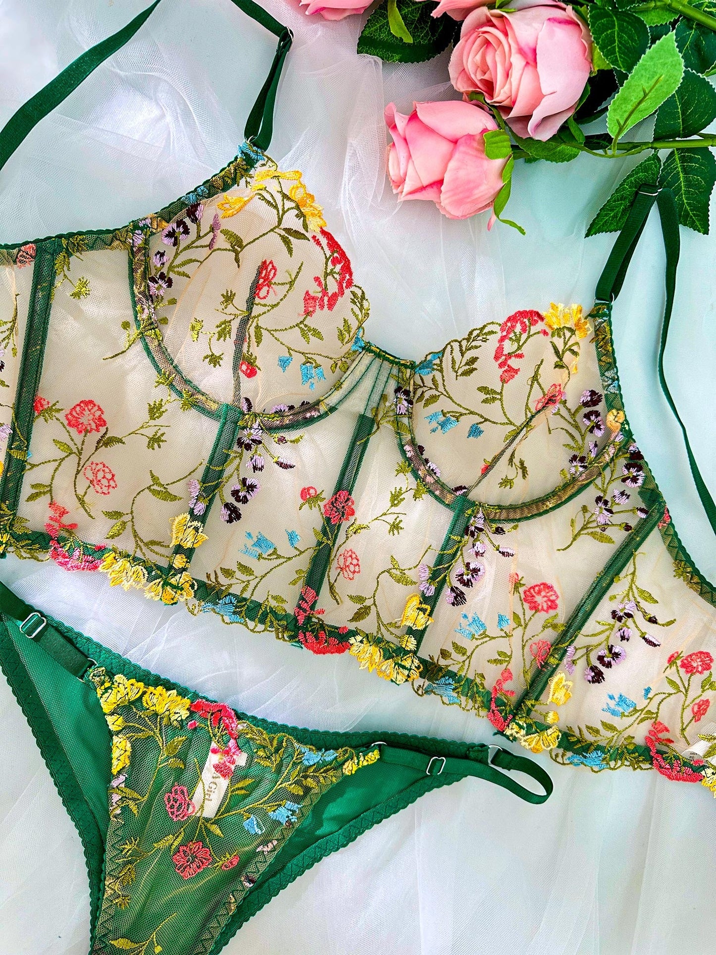 Green Floral Sexy Sheer Embroidered Lingerie Set for Women