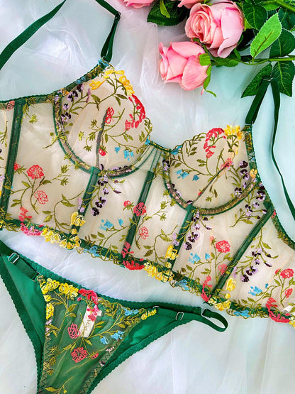 Green Floral Sexy Sheer Embroidered Lingerie Set