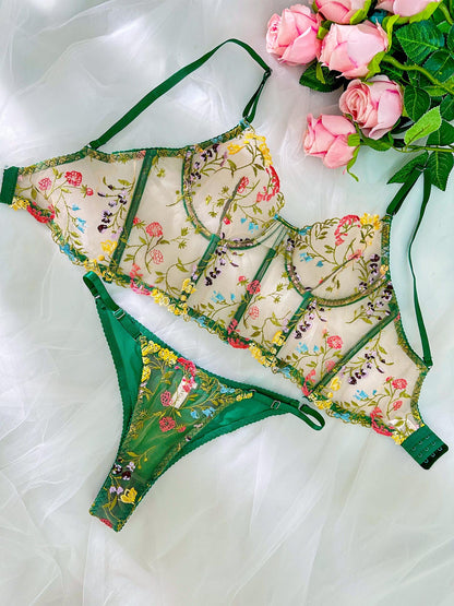 Green Floral Sexy Sheer Embroidered Lingerie Set for Women