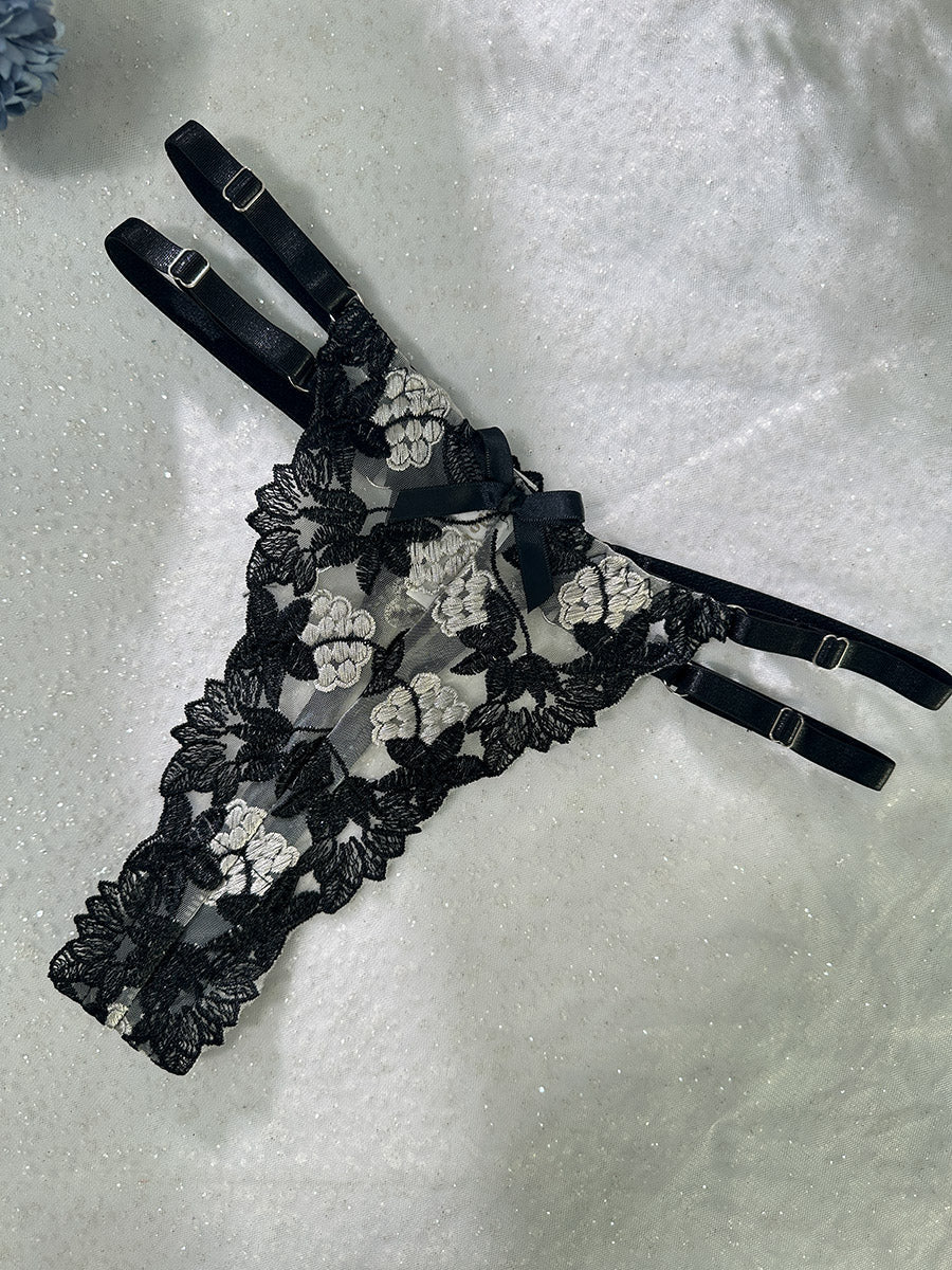 Black Floral Embroidery Bustier Straps Lingerie Set for Seduction