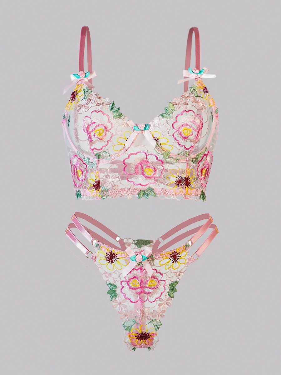 Pink Floral Embroidery Lingerie Set for Ultimate Seduction