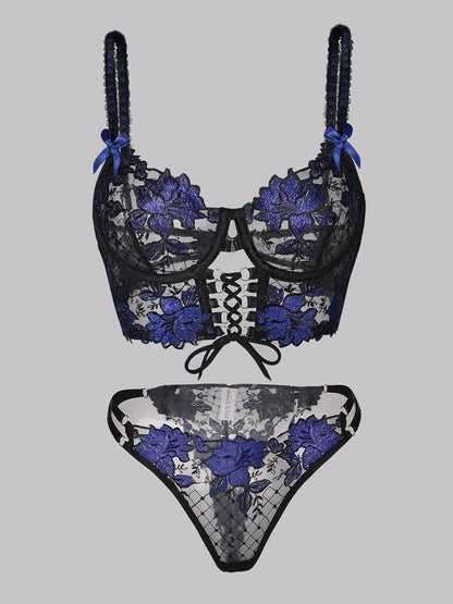 Black And Blue Floral Embroidery Ribbon Lingerie Set