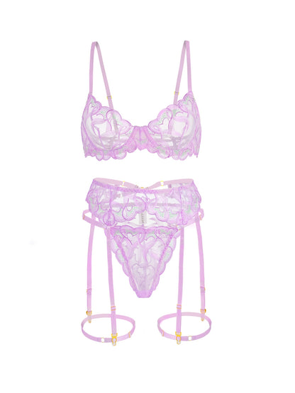 Purple Embroidery Lingerie Set with Lace Garter and Thong