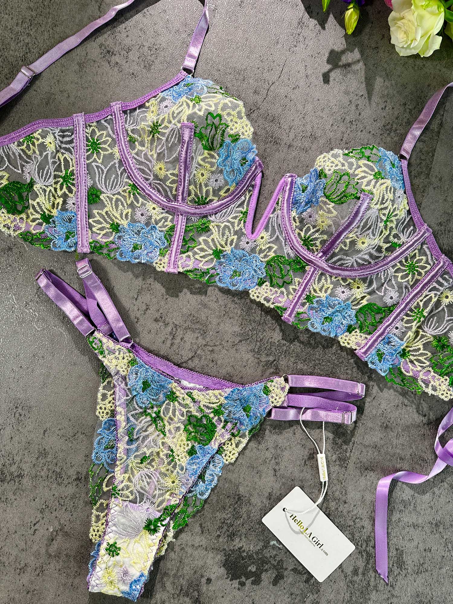 Purple Florals Embroidered Mesh Sheer Thong Lingerie Hello.LA.Girl