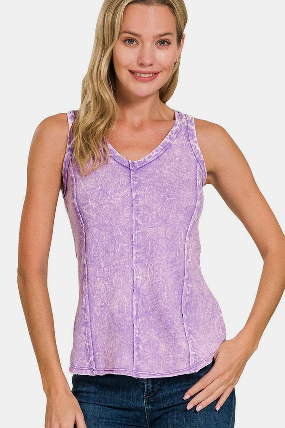 Zenana Exposed Seam V-Neck Wide Strap Tank - Love Salve 