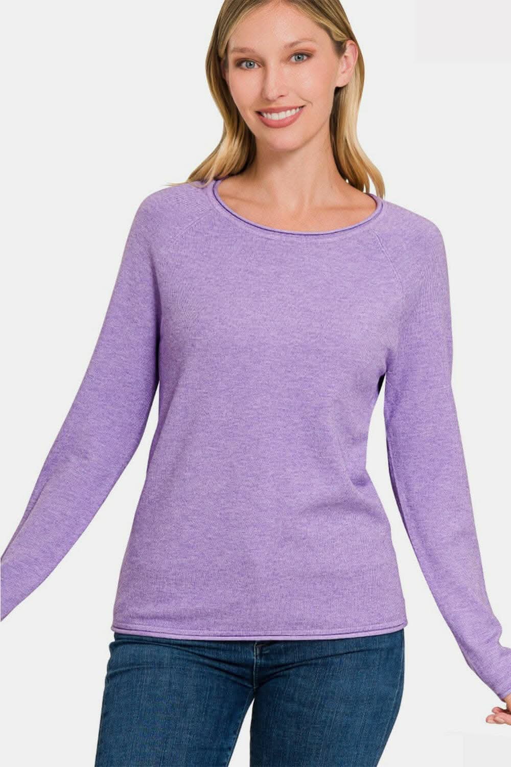 Zenana Rolled Round Neck Long Sleeve Sweater - Love Salve 