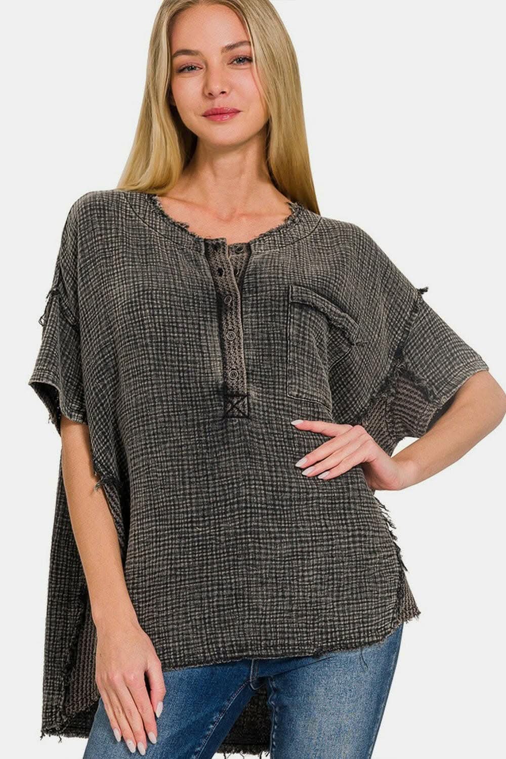 Zenana vintage half button tee - Love Salve 
